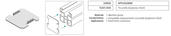 Tappo copriforo longherone 45x45 mm in alluminio grezzo ATL047.4545