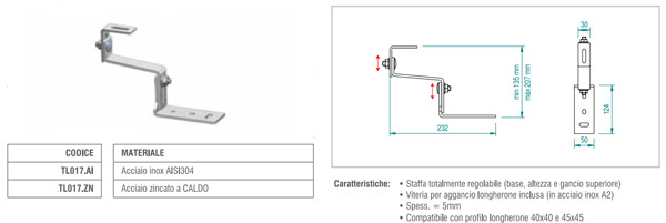 Staffa per tegola con in acciaio inox per moduli fotovoltaici (doppia regolazione) ATL017.AI