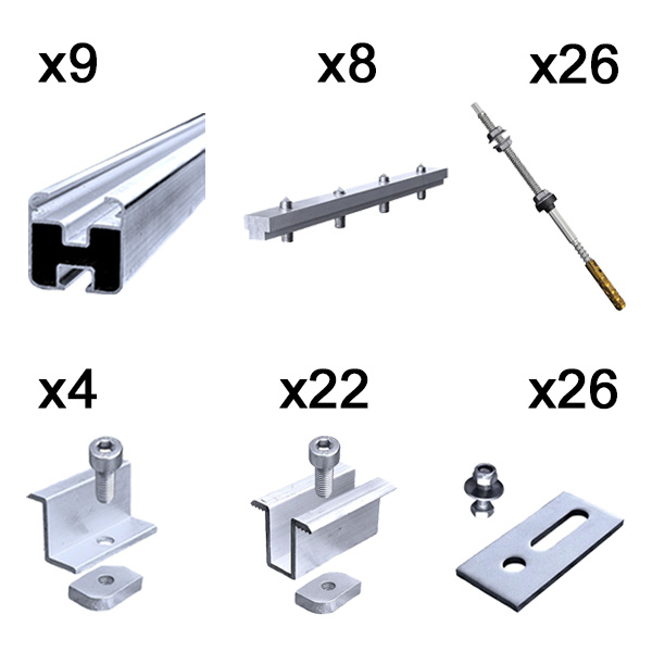 Kit fissaggio completo per 12 moduli fotovoltaici tetto a falda con vite per calcestruzzo