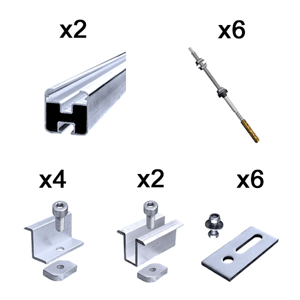 Kit fissaggio completo per 2 moduli fotovoltaici tetto a falda con vite per calcestruzzo