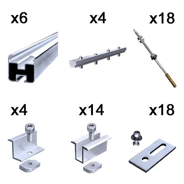 Kit fissaggio completo per 8 moduli fotovoltaici tetto a falda con vite per calcestruzzo