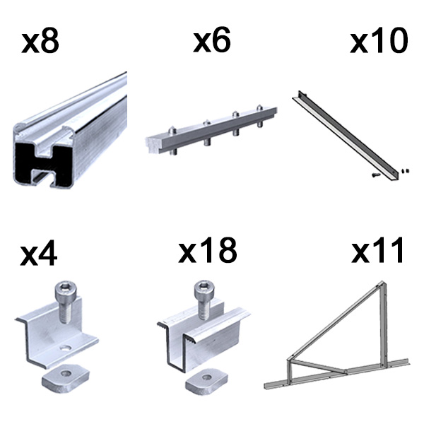 Kit fissaggio completo per 10 moduli fotovoltaici su tetto piano 