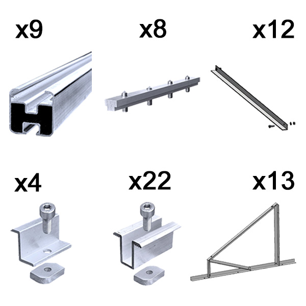 Kit fissaggio completo per 8 moduli fotovoltaici su tetto piano 