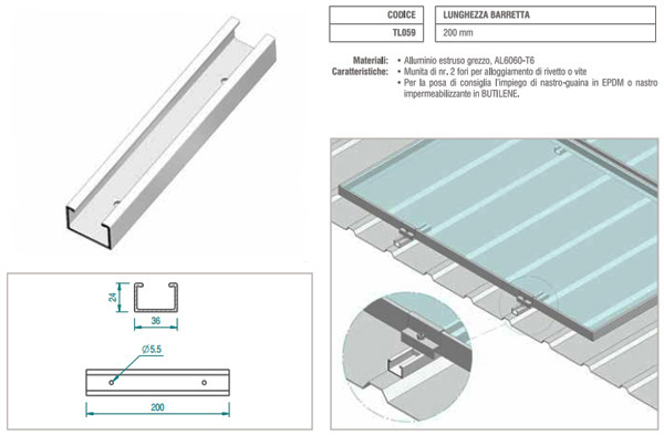 Barretta di fissaggio su lamiera grecata di moduli orizzontali (20cm) ATL059