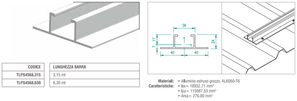 Profilo in alluminio longherone H24 barra da 3.15 M per lamiera grecata