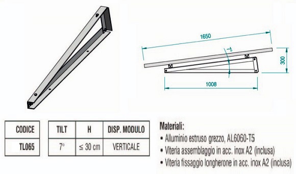 Supporto triangolare fisso a 7° per modulo fotovoltaico verticale per fissaggio senza zavorra ATL065