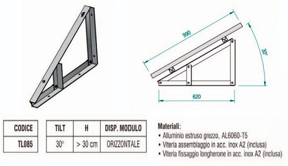 Supporto triangolare fisso a 30° orizzontale per fissaggio modulo fotovoltaico ATL085