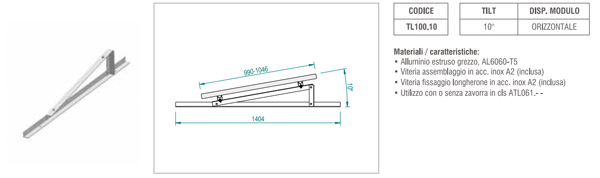 Supporto triangolare fisso a 10° per modulo fotovoltaico orizzontale per fissaggio senza zavorra ATL100.10