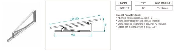 Supporto triangolare fisso a 10° per modulo fotovoltaico verticale per fissaggio senza zavorra ATL101.10