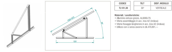 Supporto triangolare fisso a 30° per modulo fotovoltaico verticale per fissaggio con o senza zavorra ATL101.30