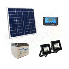 KIT SOLARE ILLUMINAZIONE 50W 12V PER ESTERNI 2 FARETTI LED - AUTONOMIA 8 ORE