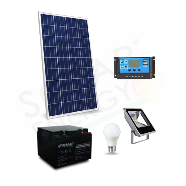 KIT SOLARE ILLUMINAZIONE 30W 12V PER ESTERNO 1 FARETTO LED E 1 LAMPADA LED  - AUTONOMIA 5 ORE - Solar Energy Point